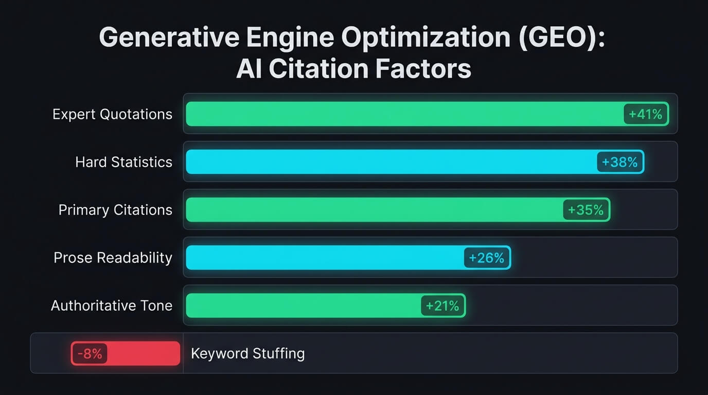 Generative Engine Optimization GEO Citation Factors Infographic